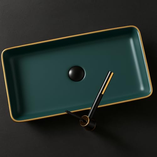Image of OSOSAM Designer Ceramic Tabletop Basin - Green & Gold Line Slim Rim Vessel Sink for Bathroom & Living Room (24x14x5.5 Inch)