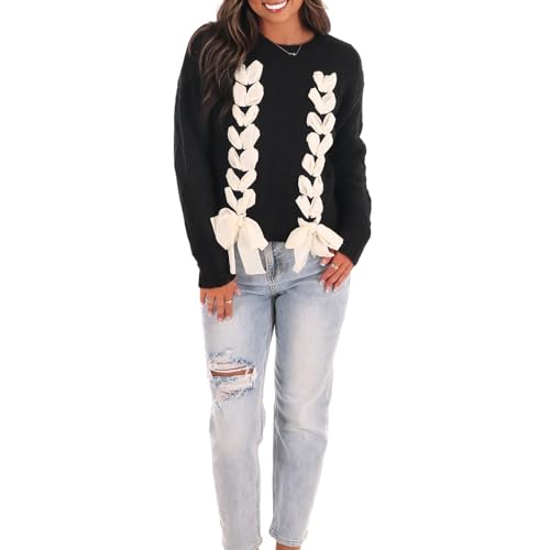 Image of Women Ribbon Sweater Cute Bow Tie Long Sleeve Knit Pullover Winter Casual Crew Neck Cable Knitted Top Streetwear