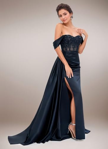 Off The Shoulder Prom Dresses for Women Lace Applique Bridesmaid Dress A-Line Formal Evening Party Gown Slit2