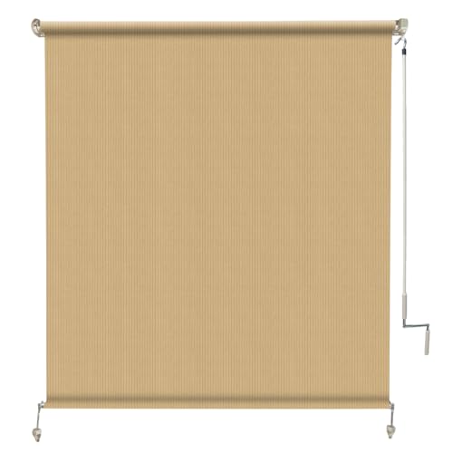 Amagenix Outdoor Roller Shade 7'(W) X 8'(H), Exterior Cordless Patio Shades Roll Up Outdoor Blinds with 90% UV Protection, Two-Section Poles with One-Piece Fabric, Sesame