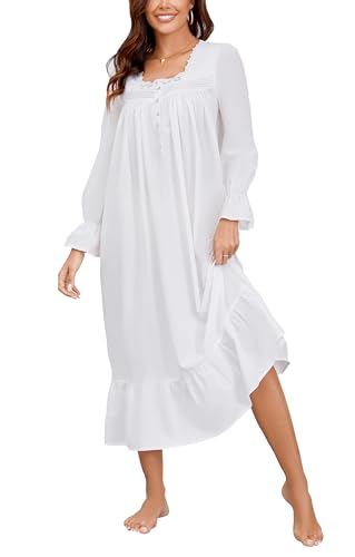AVIIER 100% Cotton Nightgowns for Women Long Sleeve House Dress Ladies Sleepwear with Pockets