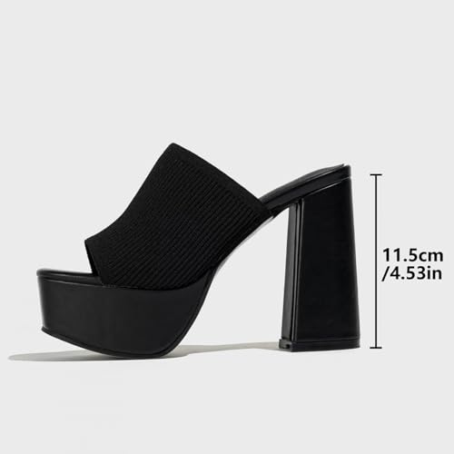 NELSBREXWomen'S Knitted Peep Toe Platform Chunky High Heel Slide Sandals Slip-On Square Open Toe Non-Slip Block High Heeled Backless Sexy Party Dress Mules Slippers for Club Events Prom3