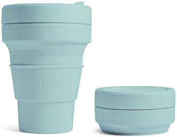 STOJO On-The-Go Collapsible Coffee Cup - 12oz / 355ml - Reusable & Foldable Silicone Travel Mug with Lid - Portable, Pocket Size - Dishwasher Safe - Aquamarine