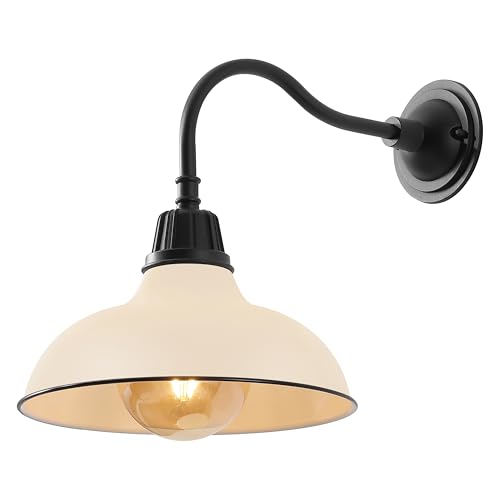 Image of JONATHAN Y 12.25 inch Matte Almond /Black 1-Light Farmhouse Industrial Outdoor Sconce, LED Gooseneck Wall Light for Porch, Metal Bowl Shade, Dimmable Vintage Exterior Fixture, LED Bulb Included (JYL7613M)