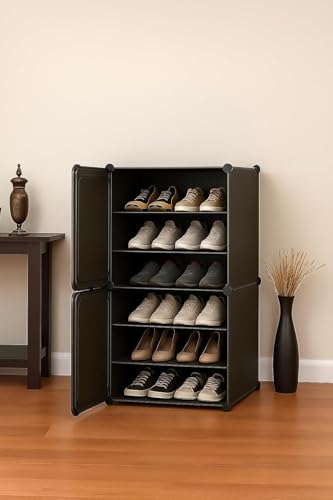Image of Modular Shoe Rack Organizer with Drawer Storage, Multi-Layer Foldable Shoe Cabinet with Dustproof Doors for Home Entryway Bedroom (Grey, 2-Door)