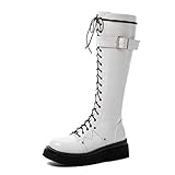Litads Damen Plateau Kampfstiefel mit klobigem Absatz Militär-Stiefel mit runder Zehenpartie, Schnürschuh Winterkniehoch (Farbe: Weiß, Größe: 41)