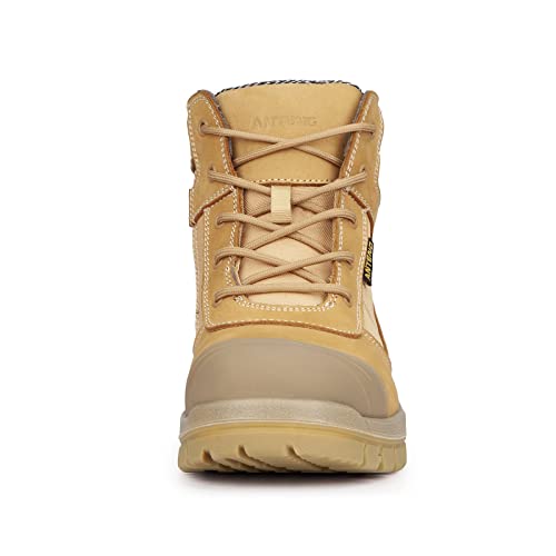 Men's Work Boots, Nubuck Leather Steel Toes Work Shoes, YKK Zipper, 6 Inch, SD, Anti-Puncture (AT501, Wheat)4