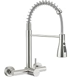 APPASO Rubinetto per montaggio a parete (distanza tra i fori di 15 cm), doccetta estraibile, rubinetto da cucina in acciaio inox spazzolato, 3 tipi di getto e girevole a 360°, miscelatore ad arco alto