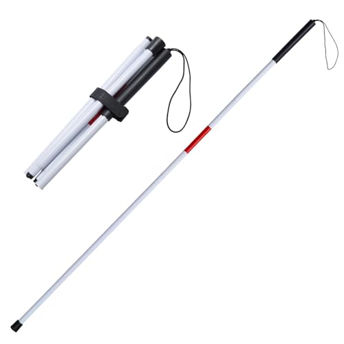 ADOEIAK Foldable White Cane(Blind Cane) with Red Reflective Strip 49 Inch Lightweight Walking Stick for Vision Impaired Anti-Slip Handle for Daily & Travel Use