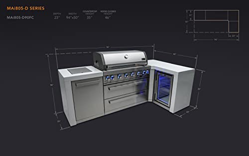 Mont Alpi Mai805-D90Fc 44-Inch 6-Burner 115000 Btu 90 Degree Corner Deluxe Stainless Steel Gas Outdoor Barbecue Island Grill W/Lockable Compact Refrigerator + Infrared Side Burner + Rotisserie Kit #TOP5