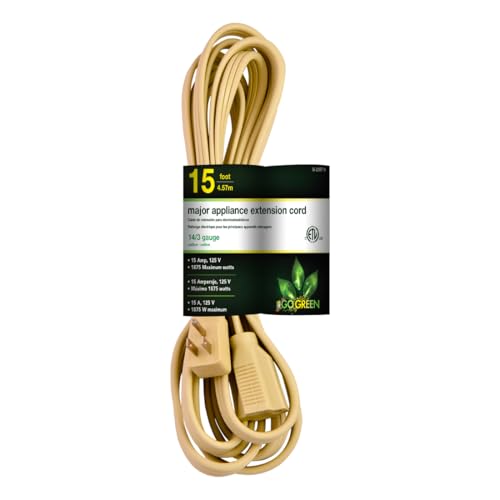 Go Green Power Inc. 15ft Appliance Cord Beige - 14/3 SPT Heavy Duty Grounded Kink-Free 3 Prong Right Angle Plug for Large Indoor Appliances