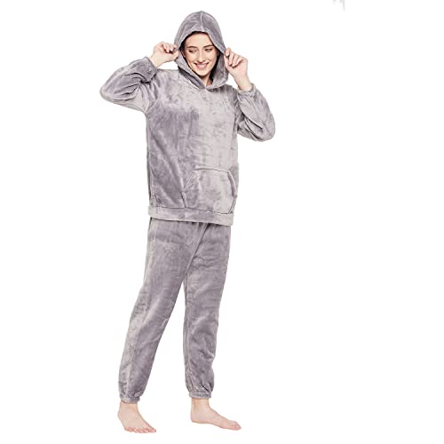 Image of CAMEY Women Winter Full Sleeve Top and Pajama Pants Regular Fit Night Suit Hooded Top and Pyjama Set Ladies Night Dress (Free Size, Grey)