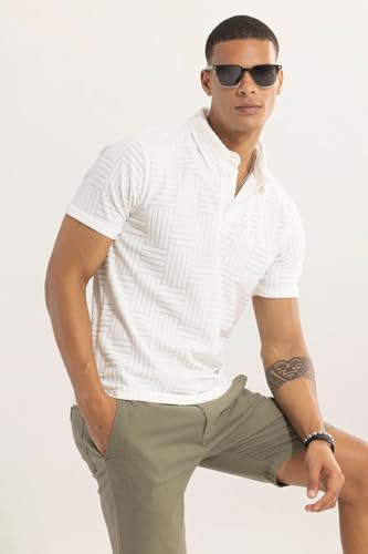 Image of SNITCH Men T-Shirts | Textured Self-Design Slim Fit Polo T-Shirt | 100% Polyester, Buttoned Closure, Half Sleeve, Casual Wear, Street Wear, College Wear