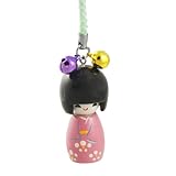vintage kokeshi dolls japan Gewicht : 8g sourcing map Schwarz Dunkel Rosa Japanisch Puppe Anhänger Grün Nylon Schnur Handy Gurt