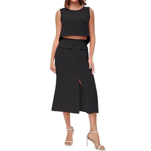 ROYLAMP Women's Summer 2 Piece Outfits Round Neck Crop Top and Split Long Skirt Elegant Casual Matching Set with Pockets Medium Black
