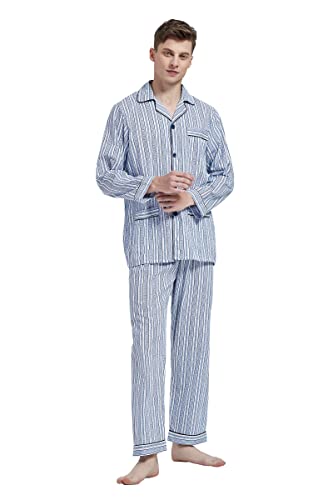 Men's 100% Cotton Pajama Set Long Sleeves Pjs Elastic High Waist Sleepwear