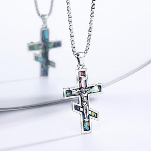 Crucifix Necklace 925 Sterling Silver Jesus/Orthodox Cross Pendant Gold Plated Necklace Abalone/Turquoise/Malachite Cross Jewelry Gift for Men Women Friend Brother4