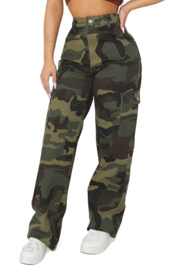 Generic Camouflage Cargo Jeans with Straight Leg Cut, High Waist Fit, Multi-Color Print, Multiple Pockets