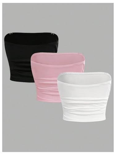 OYOANGLE Girl's 3 Pack Strapless Crop Top Side Ruched Bandeau Solid Stretchy Tube Tops2