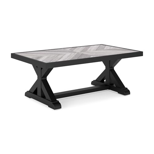 Signature Design by Ashley Beachcroft Farmhouse Weather and Rust Resistant Outdoor Coffee Table with Porcelain Tabletop, Black & Light Gray