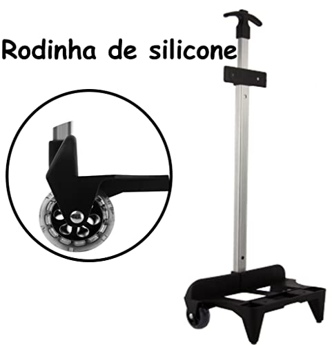 Carrinho Para Mochila Haste Única Alumínio Com Fixação Traseira Rodinha Silicone Gel