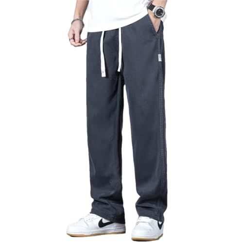 Men Drawstring Elastic Waist Denim Pants Loose Jeans Trousers Blue Black L