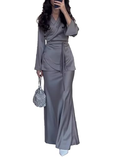 xxxiticat Women's Satin Skirt Set Long Sleeve Lace Up Cardigan Top High Waist Flared Hem Long Skirt Two Piece Matching Set