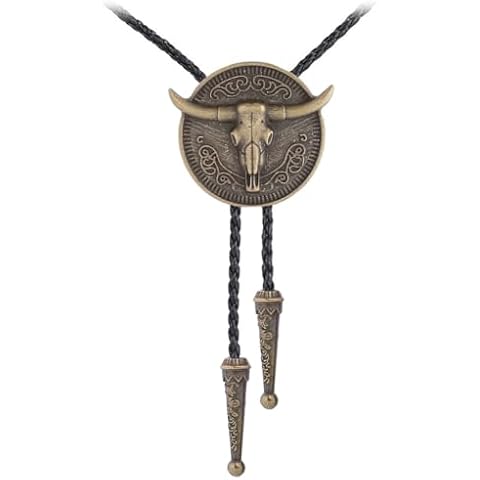 GelConnie Longhorn Bull Bolo Tie for Men Native American Western Cowboy Leather Necktie Bolo Necklace for Women Gold Cover