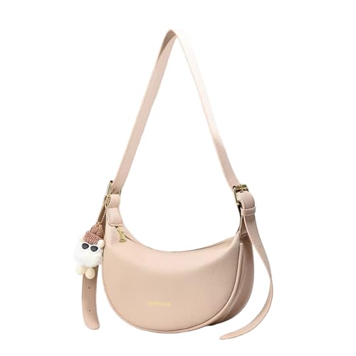 Bolsa Feminina em Couro Sintético Com Chaveiro Decorativo Incluso- Formato Meia-Lua Moderna para Ombro/Transversal, Estilo Baguete com Zíper Oculto (Caqui)
