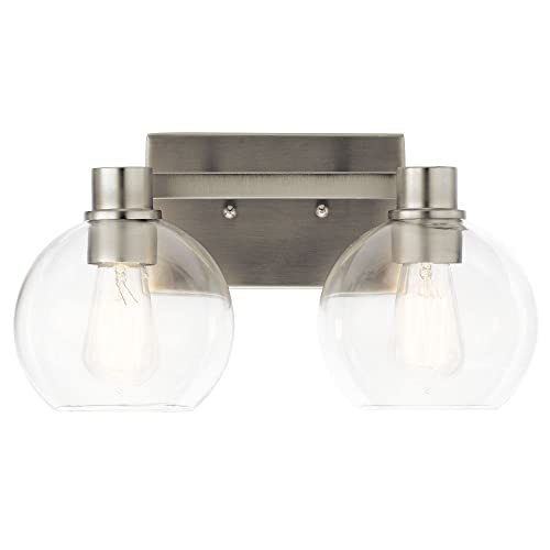 Image of Kichler Harmony 2-Light Bathroom Vanity Light Fixture, 15.5 inch Steel Bath Light with Curved Arms and Sculpted Sockets in Olde Bronze for Damp Locations Over Mirror, 45887NI