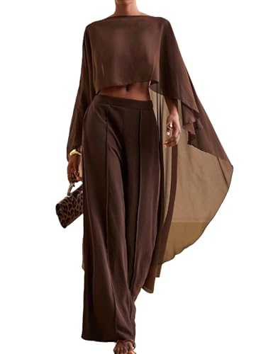 Women Chiffon Long Cape High Low Flowy Poncho Sheer Mesh Shawl and Wraps Capelets Bridal Wedding Evening(Ruffle Brown One Size)