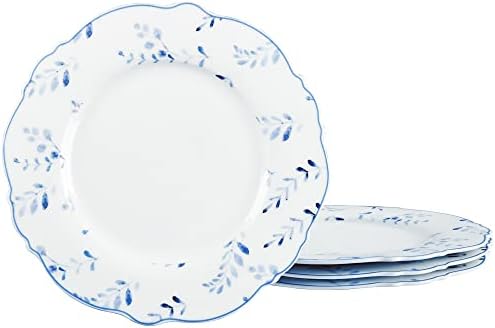 fanquare 8" Dessert Plates, Porcelain Kitchen Plates Set, White Ceramic Salad Plates, Small Dinner Plates, Blue Leaves