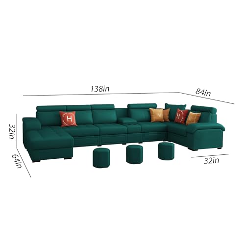 Image of Casaliving Emerson Modern U-Shaped Sectional Sofa Set 9 Seater, Sofa Couch with 3 Puffy for Hall (Pine Colour) Premium Leatherette Fabric Sofa
