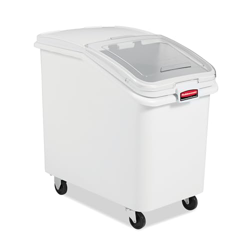 Rubbermaid Commercial Products ProSave Shelf-Storage Ingredient Bin With Scoop, 600-Cup capacity, Plastic, White, Sliding Lid, Container with Wheels for Kitchen/Restaurant Food Organization