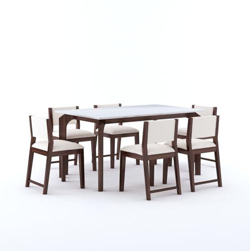 Image of MURALICRAFT Sheesham Wood 57 inch Dining Table 6 Seater | Marble Finish Six Seater Dinning Table Set with 6 Upholstered Dining Chairs | Table Top: Premium HDMR Wood | Chair: Curved Design | White & Walnut