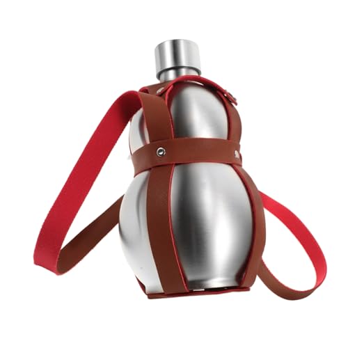 FOYTOKI Portable Stainless Steel Gourd Water Bottle with Brown Strap Durable Outdoor Flask for Juice Milk and Wine for Camping and Travel