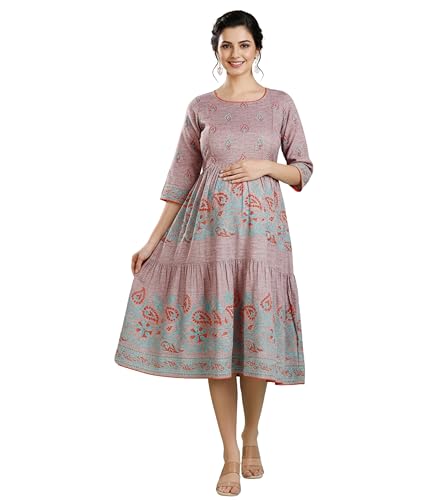 Image of DUMMY SHAPE Feeding Kurtis for Women Cotton Blend | Printed Pregnancy Flare Kurta with Dual Nursing Zippers to Pre & Post Partum | Maternity Dresses | Gifts for Pregnant Woman