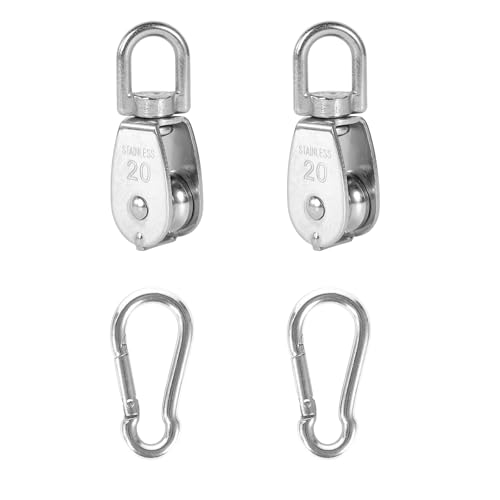 2X 304 Stainless Steel M20 Single Swivel Rope Pulley Blocks with Snap Hooks