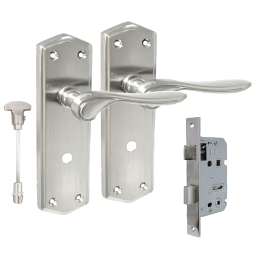 Satin Nickel Internal Door Bathroom Handles with Long Back Plate - Stellar Design,Superior Grip, Adjustable Spindle, and Seamless Finish (1 Pair of Handles + Bathroom SASH Lock)