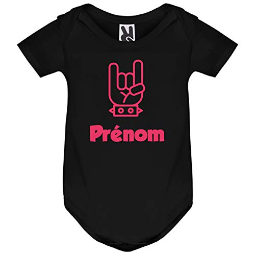 YONACREA - Body Noir Bébé Manches Courtes - Bébé Rock - Personnalisable avec Le Prénom de Votre Choix - 6 Mois - Rose