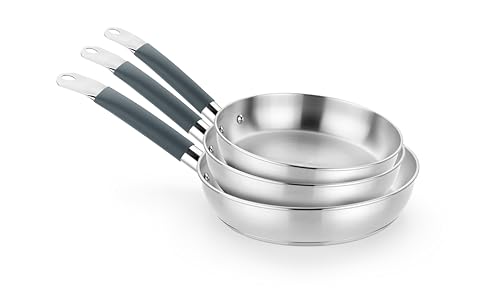 BRA Master Set de sartenes 20-24-28 cm, acero inoxidable, Sin Antiadherente, Sin PFOA, Full Induction, Apta para todo tipo de Cocinas, Mango acero inoxidable recubierto de Silicona