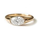 SilverQ Classic Dome Style East To West Oval Diamond Ring for Women 14K Yellow Gold Plated Half Bezel Set Solitaire Engagement Ring 925 Sterling Silver Handmade Wedding Anniversary Jewelry Gift