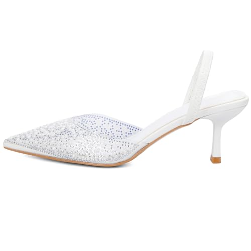 Image of YIYA Women's Clear Slingback Heels with Pearl Studded Pointed Toe Kitten Mid Heels Sparkly Rhinestone Slip On Wedding Party Shoes