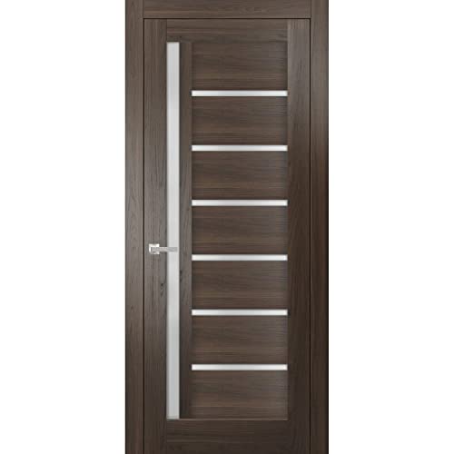 SARTODOORS Quadro 4088 Interior Door 36 x 80 in, Single Swing Door Slab with Frosted Glass, Chocolate Ash Solid MDF, Frame, Hinges and Handle Included, Reversible