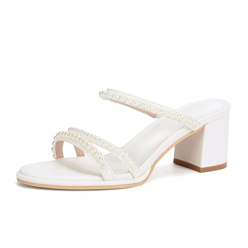 TarfiC 2.36 inches Women's Chunky High Heels Block Heel Sandals Peep Toe Ivory Pearls Bridal Wedding Shoes Women Sandals