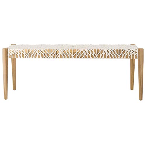 Safavieh Home Collection Bandelier Natural Teak Wood/ Off-White Leather Weave Entryway Foyer Dining Bench #TOP2