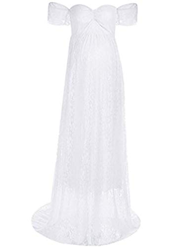Maternity Photography Props Floral Lace Dress Fancy Pregnancy Gown For Baby Shower Photo Shoot (M, White) #TOP2
