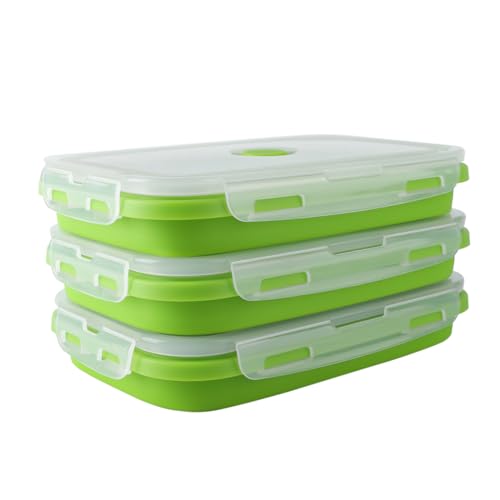 OITUGG Collapsible Food Containers set of 3 pcs - 1200ml Collapsible Lunch Box - Silicone Fresh Fold Food Containers Leakproof, Designed 4 Snap-on Buckles, BPA Free, Easy Clean, Microwaveable, Green