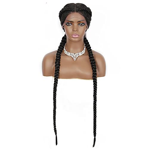 Xiweiya 2x Twist Braids Hand-Braided Synthetic Lace Front Box Braided Wig With Baby Hair for Women, Dutch Braids, Black
