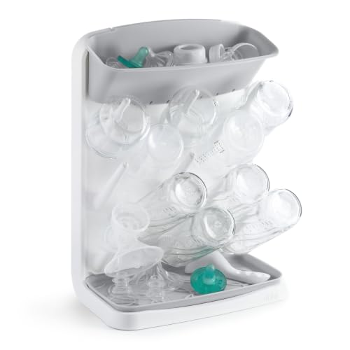 Image of Ubbi Vertical Baby Bottle Drying Rack, Space Saving Countertop Bottle Dryer | 13-Peg Bottle Drying Rack Removable Drain Tray, Baby Organizer for Pump Parts, Pacifiers & Accessories, Dishwasher Safe, Gray